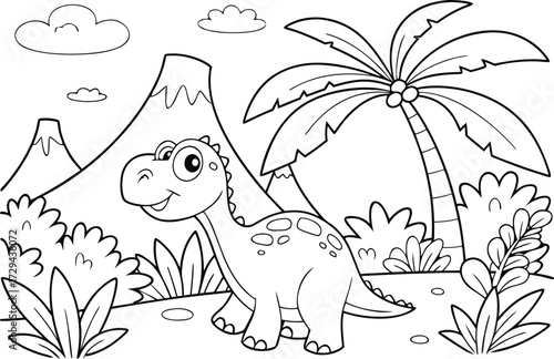 Cute Dinosaur in Prehistoric Landscape Black and White