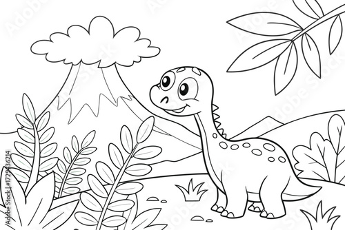 Cartoon Dinosaur in Prehistoric Landscape Black and White Outlines