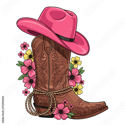 cowgirl boot, pink cowgirl hat, western boot, cowgirl aesthetic, floral cowgirl, country cowgirl, rodeo boot, girly cowgirl, western fashion, cowgirl vibe, cowboy boot with flowers, cowgirl hat and bo