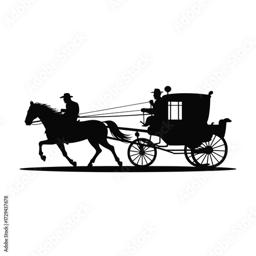 Elegant silhouette of a horse drawn carriage with riders at sunset