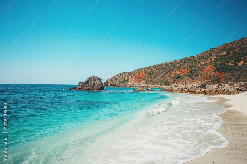 Fototapeta premium Clear sky over ocean and rocky shore, water, beach, summer, travel, nature, tree, scenery, sunlight