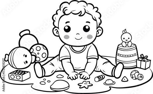 A Cute Baby Playing with Toys Black and White Illustration