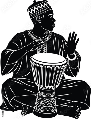 African drummer silhouette, djembe player vector icon, traditional attire clipart, cultural rhythm illustration, heritage music pose, black percussion design