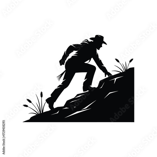 Silhouette of a rugged adventurer scaling a rocky incline with determination