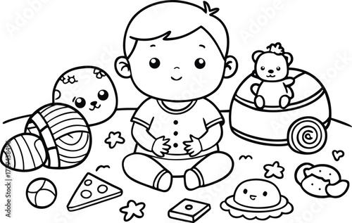 Adorable Baby Surrounded by Toys in a Whimsical Black and White Illustration