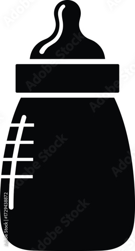 Baby bottle silhouette icon, black vector illustration, infant feeding clipart, childcare symbol, parenting design, measurement markings bottle graphic