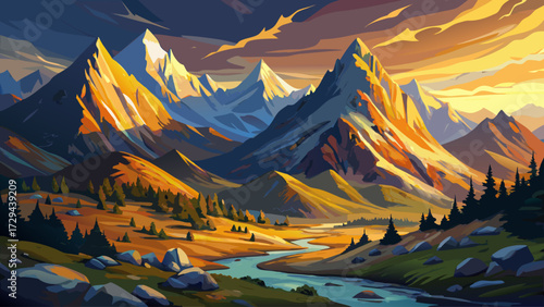 An oil painting of a mountain landscape with dramatic lighting, painted on canvas in a traditional impressionist style, featuring textured brushstrokes, atmospheric depth, natural scenery, vibrant 