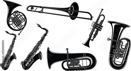 Brass and woodwind instrument silhouettes, black vector icons, music education clipart, orchestra set, trumpet saxophone tuba horn trombone euphonium