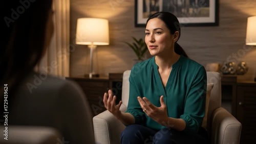 Woman in green top speaking to person in psychological session office interior