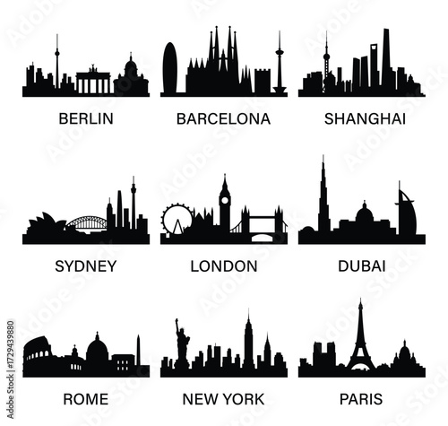City skyline silhouettes. Berlin, Barcelona, Shanghai, Sydney, London, Dubai, Rome, New York, Paris. Vector template.