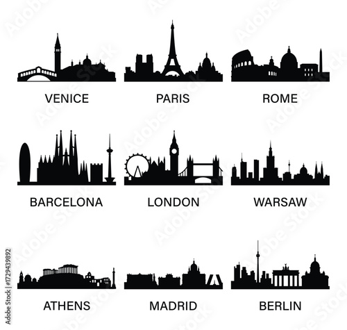 City skylines set. Venice, Paris, Rome, Barcelona, London, Warsaw, Athens, Madrid, Berlin. Vector silhouette collection.