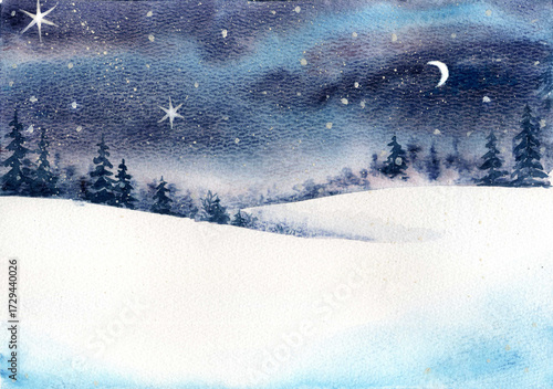 Зимний ночной пейзаж акварелью. Winter watercolor landscape background with snow fields, hills, fir trees, night sky with stars and crescent moon.