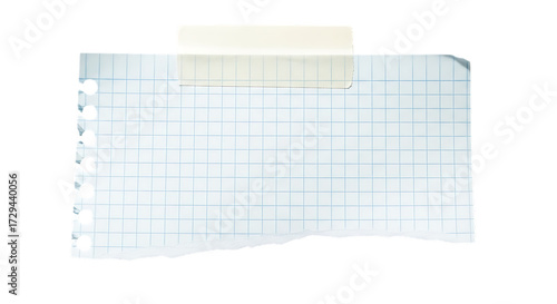 Torn sheet of ruled paper with punched holes attached with tape isolated on transparent background