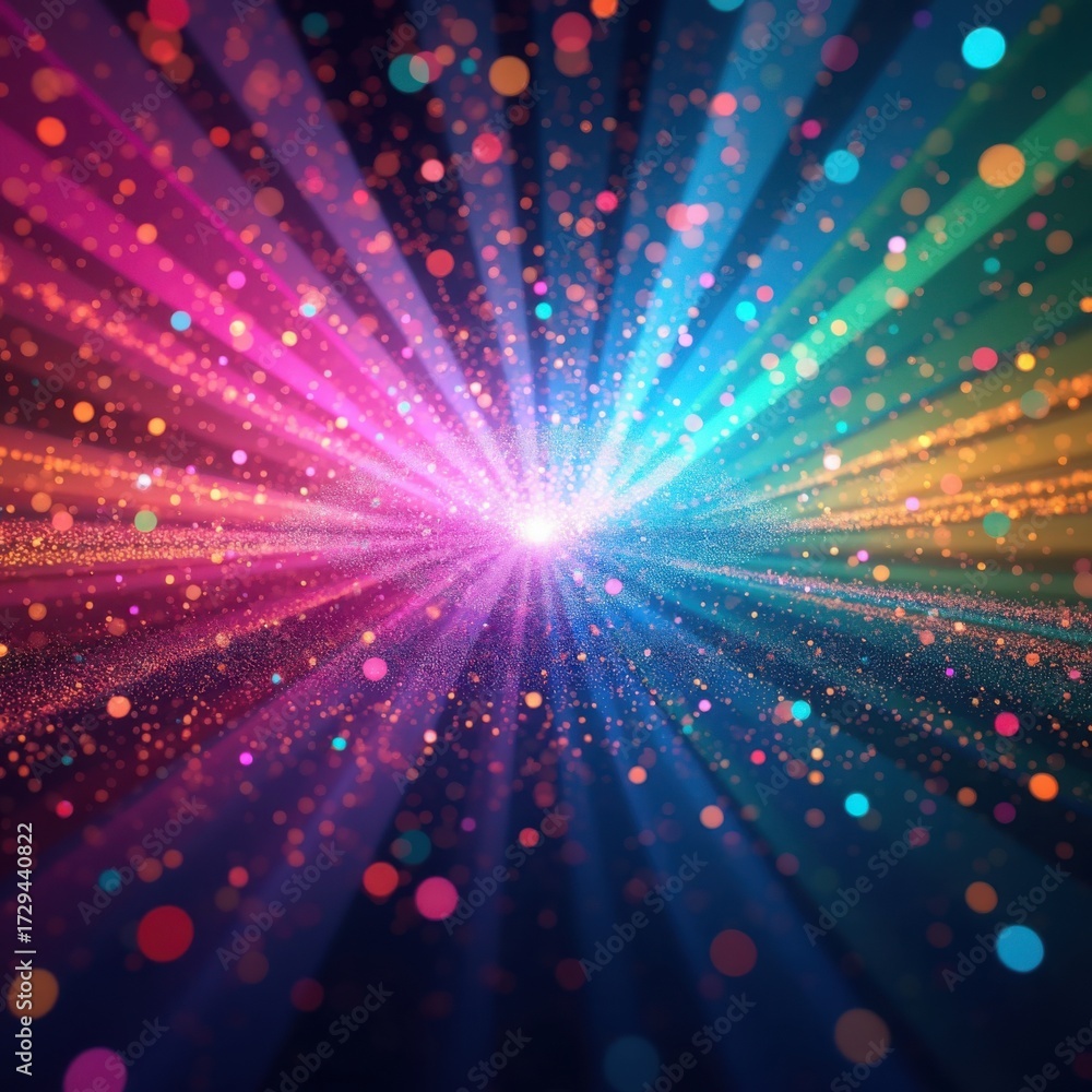 Fototapeta premium Explosive Colorful Light Rays and Glitter Particles Background explosion