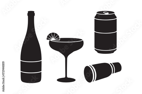 Silhouette collection of alcoholic beverage containers and glassware