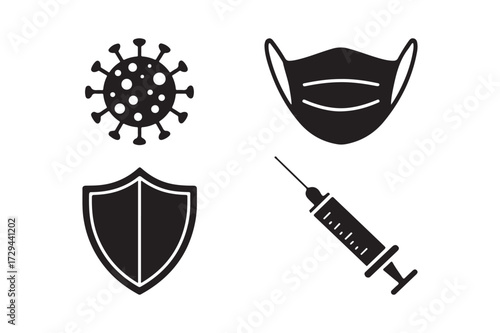 Icons representing covid 19 virus protection and vaccination