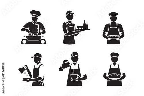 Silhouettes of chefs and food service professionals in action
