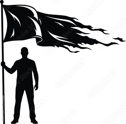 Flag bearer silhouette, dramatic black vector icon, protest symbol, wind-blown flag illustration, strength pose, freedom concept, bold graphic design