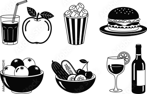 Food and drink icon set, black silhouette vector, healthy and indulgent items, nutrition clipart, culinary illustration, beverage and snack symbols