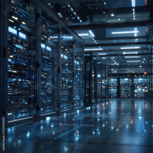 Data center infrastructure with glowing servers and ai technology creates futuristic environment for data processing and storage in modern centers