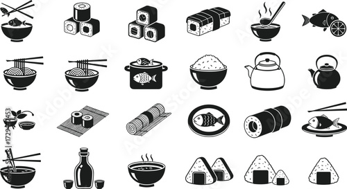 Japanese food icon set, sushi ramen onigiri silhouette, chopsticks vector clipart, traditional cuisine symbols, black culinary illustration pack