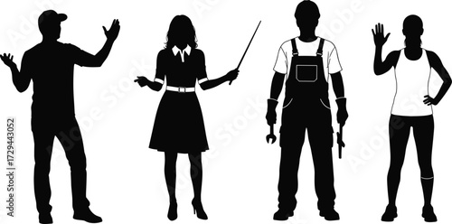 Profession silhouette icon set, black vector illustration, diverse career roles clipart, laborer teacher mechanic athlete, occupational character design symbols