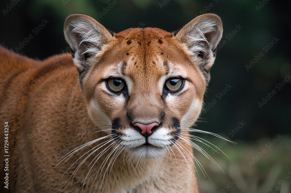 Obraz premium Detailed close-up shot of a juvenile male mountain lion exploring its native environment. Also referred to as puma, red tiger, catamount, and Puma concolor.