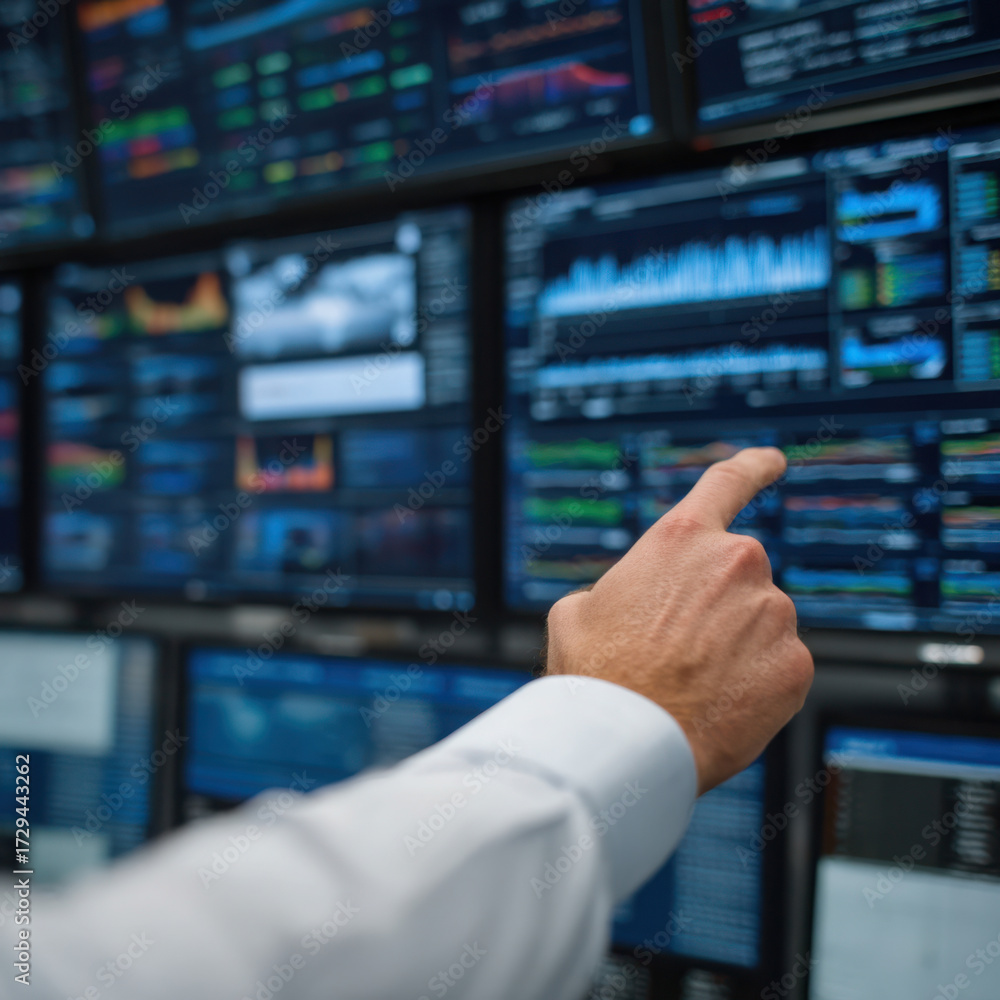 Fototapeta premium Person pointing multiple data screens showing graphs and charts high tech ai infrastructure center filled with data centers for analysis