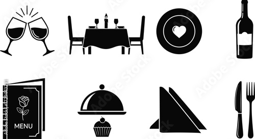 Romantic dinner icon set, dining silhouette clipart, wine glasses, table decor, menu, cupcake, heart plate, black vector illustration