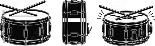 Snare drum silhouette set, black vector icons, percussion instrument clipart, drumstick motion, side and front views, music illustration
