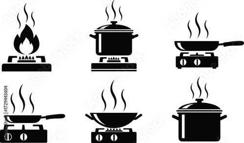 Stovetop cooking icon set, black silhouette vector, steaming pots and pans clipart, gas burner illustration, kitchen heat and flame symbols