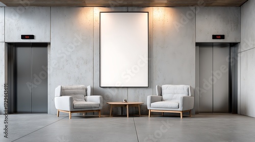 Modern lobby interior design mockup with elevators and blank poster frame for artwork presentation space