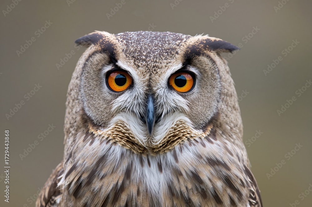 Fototapeta premium Close-up portrait of a Eurasian Eagle Owl with vivid orange eyes, facing forward
