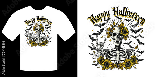 Spooky Halloween Design: A t-shirt adorned with a spirited design featuring a playful skeleton, sunflowers, and bats, celebrating the joy of Halloween. 