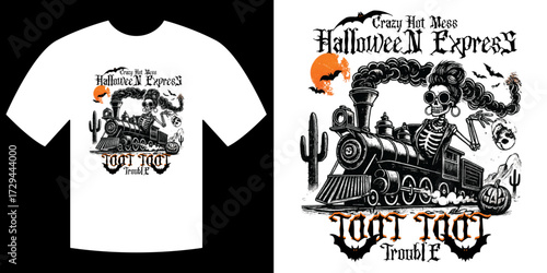 Halloween Express Graphic: A Halloween-themed graphic design featuring a whimsical train, evokes the spooky season with a touch of playful mischief.