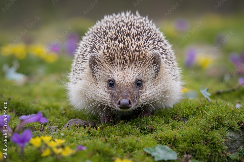 Fototapeta premium Wild adult hedgehog in spring on green moss surrounded by vibrant primulas and primroses, close-up view.
