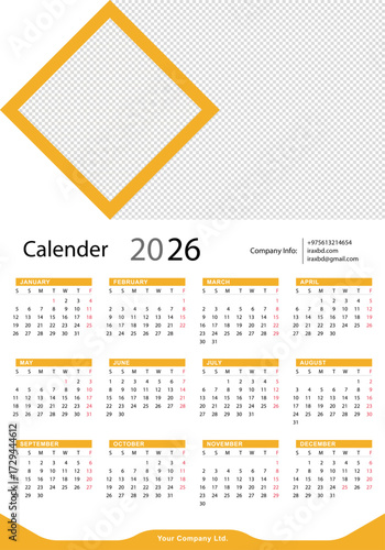 Calendar 2026 Template vector. Editable Calendar Design 2026. calendar for 2026