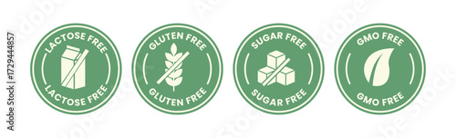 Four circular icons representing gluten free sugar free lactose free and gmo free food labels.
