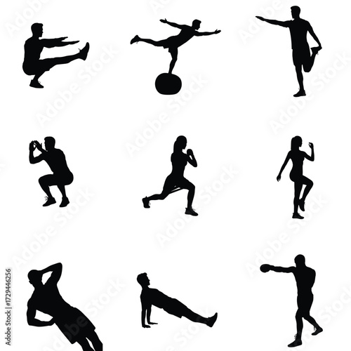Silhouette illustrations showcase diverse fitness exercises including squats balance lunges and boxing promoting health and active lifestyles