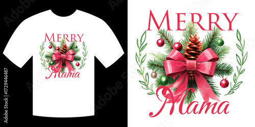 Merry Christmas T-shirt Design: The Christmas season spirit comes alive with a festive t-shirt design with beautiful text that captures the warmth of Christmas in this artistic image. 