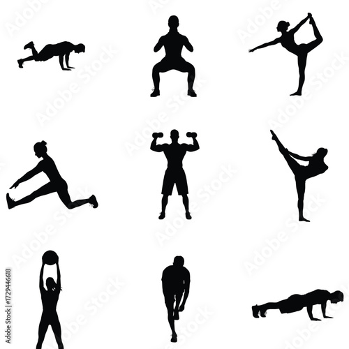 Silhouettes showcase diverse fitness activities including yoga weightlifting stretching and bodyweight exercises promoting health and wellness