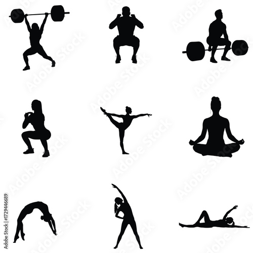 Silhouettes showcasing various fitness activities including weightlifting yoga poses stretching and bodyweight exercises for health and wellness