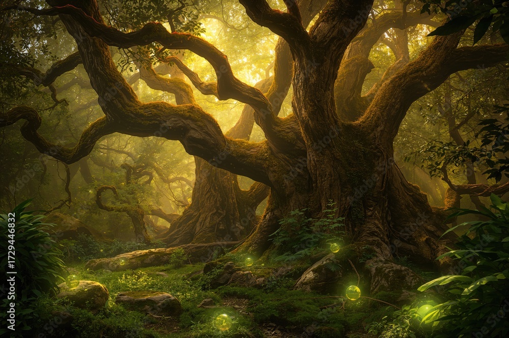 © Cyber Shutter - Mystical woodland featuring old trees, luminous elements, and rocks