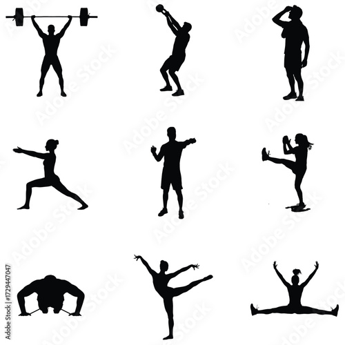 Silhouettes of people engaged in various fitness activities including weightlifting yoga dance and calisthenics on a white background