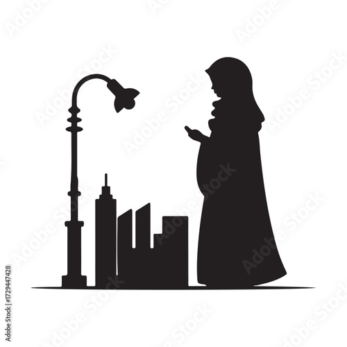 Woman in hijab standing by a lamppost with city skyline silhouette