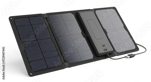 Portable solar panel charger isolated on white background, foldable solar charger for charging mobile devices, alternative energy source, sustainable lifestyle