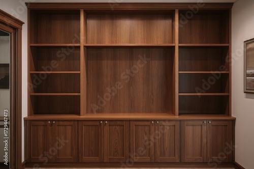 Empty wooden shelf with a brown finish