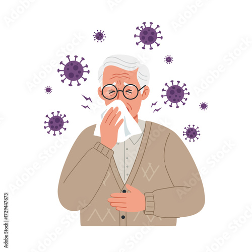 Elderly Man Sneezing Surrounded by Virus Particles in Brown Clothes Vector Illustration