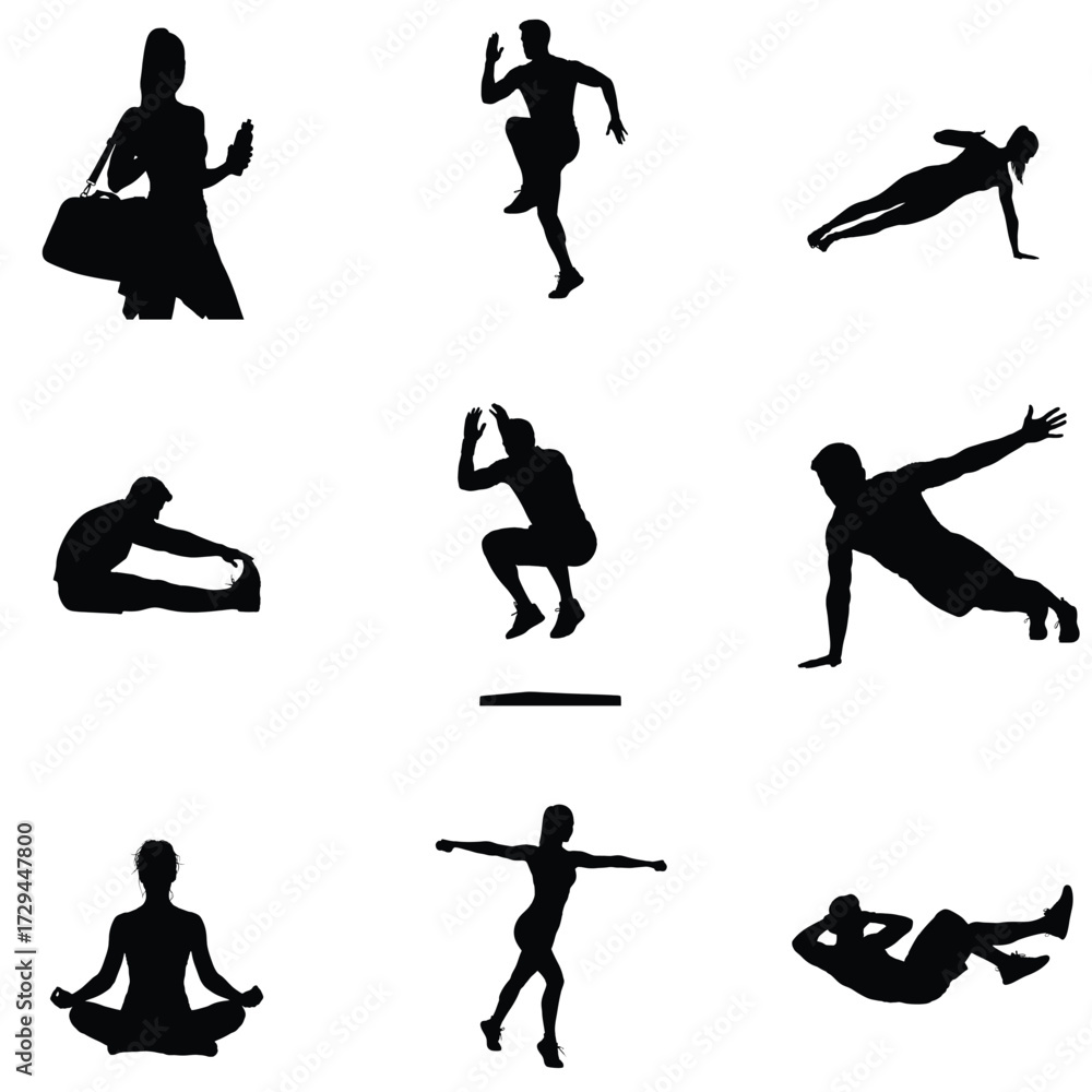 Obraz premium Diverse fitness silhouettes showcase various exercises including yoga running stretching and strength training for health and wellness promotion
