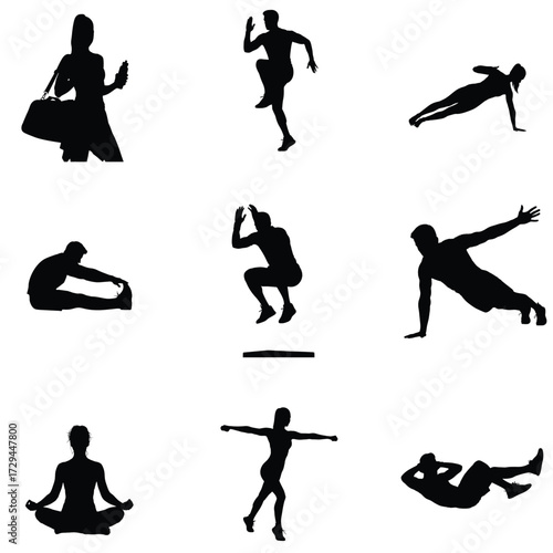Diverse fitness silhouettes showcase various exercises including yoga running stretching and strength training for health and wellness promotion